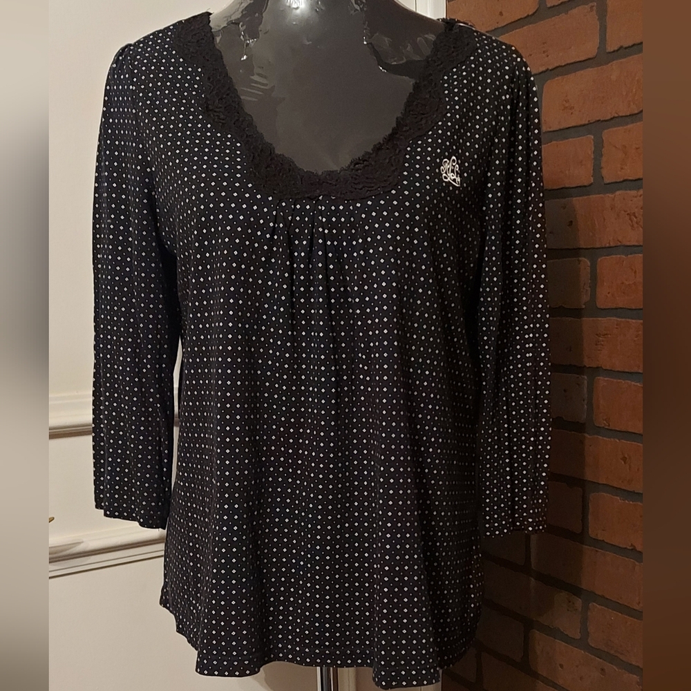 Lauren Ralph Lauren Floral Top M Lace Trim V Neck Classic